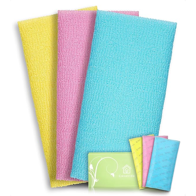 CasaVida Exfoliating Washcloth Japanese Beauty Washcloth Nylon Bath Sponge Korean Loofah Towel Puff Large Wash Cloth Body Scrub Premium Bath Washcloths Exfoliating Shower Towel Back Scrubber 3 Pack by - Image 1